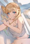  1girl :o absurdres aizawa_ema blonde_hair blue_eyes blush breasts camisole cleavage collarbone crop_top gradient_hair green_hair green_shorts highres long_hair lying midriff multicolored_hair navel on_bed on_side open_mouth ringozeri shorts solo virtual_youtuber vspo! white_camisole 