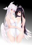  2girls absurdres animal_ears arm_around_neck asymmetrical_docking bare_shoulders black_hair blush breast_press breasts cat_ears cat_girl cat_tail character_request closed_mouth collarbone cropped_legs dress feathered_wings gradient_background grey_background head_wings highres indie_virtual_youtuber large_breasts long_hair looking_at_viewer mole mole_under_eye multiple_girls red_eyes shibanme_tekikumo signature sleeveless sleeveless_dress small_breasts tail very_long_hair virtual_youtuber white_dress white_wings wings xingye 