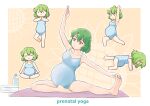  1girl :o all_fours arm_up arms_up bare_legs barefoot big_belly blue_leotard bottle breasts butterfly_sitting chibi commentary_request commission english_text exercise flower frown green_hair hair_between_eyes highres kazami_yuuka leg_up leotard medium_breasts multiple_views mutou_youshun on_floor pregnant red_eyes short_hair sitting skeb_commission smile standing standing_on_one_leg stretching sunflower toes touching_toes touhou towel water_bottle yoga yoga_mat 