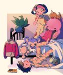  1boy 1girl :d aipom apron barefoot bed blush closed_eyes collarbone commentary_request ethan_(pokemon) game_boy game_boy_color handheld_game_console head_tilt headband highres jacket jacket_removed johto_mother lickitung looking_down mother_and_son oddish ok_ko19 open_mouth orange_shirt pajamas pants pillow pink_headband poke_ball_print pokemon pokemon_(creature) pokemon_(game) pokemon_gsc poliwag shirt short_hair short_sleeves smile weedle yellow_pants yellow_shirt 