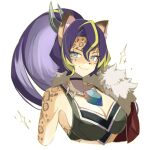  1girl animal_ears blonde_hair blue_eyes bone_necklace breasts capelet cleavage duel_monster fur-trimmed_capelet fur_trim furry furry_female high_ponytail highres jewelry large_breasts leopard_ears leopard_girl long_hair multicolored_hair necklace purple_hair sakuragi_raia single_bare_shoulder smile solo streaked_hair upper_body vanquish_soul_pantera yu-gi-oh! 