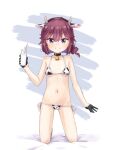  1girl animal_ears animal_print bell bikini black_gloves blush bottle breasts brown_hair cow_ears cow_horns cow_print cow_tail fake_animal_ears fake_horns fake_tail gloves highres horns kuramoto_takato looking_at_viewer machikado_mazoku milk_bottle navel neck_bell print_bikini purple_eyes short_hair side-tie_bikini_bottom simple_background small_breasts smile solo swimsuit tail yoshida_ryouko 