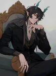  1boy 1o8k alternate_costume aqua_eyes aqua_hair black_hair black_jacket collared_shirt dan_heng_(honkai:_star_rail) dan_heng_(imbibitor_lunae)_(honkai:_star_rail) dragon_boy dragon_horns earrings highres honkai:_star_rail honkai_(series) horns jacket jewelry long_hair male_focus multicolored_hair pointy_ears shirt simple_background sitting solo 