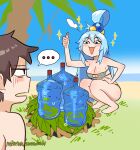  ... 1boy 1girl :d aqua_(konosuba) artist_name bare_shoulders barefoot beach bikini blue_eyes blush breasts cleavage hair_ornament hair_rings highres kono_subarashii_sekai_ni_shukufuku_wo! ocean outdoors satou_kazuma shiny_skin smile snegovski speech_bubble squatting swimsuit thumbs_up water web_address 