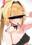  1girl ahoge bare_shoulders black_choker blonde_hair blush breasts censored choker cleavage clothes_in_mouth collarbone hair_intakes hair_ornament hair_ribbon hairclip heterochromia highres hoshikawa_sara identity_censor large_breasts long_hair nijisanji pendant_choker pomesaurus red_eyes red_ribbon ribbon second-party_source side_ponytail solo sweat v virtual_youtuber yellow_eyes yellow_ribbon 