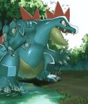  claws commentary_request day feraligatr grass highres jira_(ziraiya26) no_humans open_mouth orange_eyes outdoors pokemon pokemon_(creature) sharp_teeth solo standing teeth water 