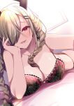  1girl :d absurdres azur_lane blonde_hair bra braid breasts cleavage dutch_angle hair_ornament hair_over_one_eye hairclip head_rest highres horns lace-trimmed_bra lace-trimmed_panties lace_trim large_breasts lingerie looking_at_viewer lying mole mole_under_mouth on_stomach origami_aya owari_(azur_lane) panties red_bra red_panties smile twin_braids underwear underwear_only 