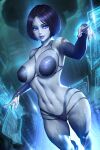  1girl black_hair black_panties blue_eyes blurry blurry_background bra breasts bridal_gauntlets circuit collarbone colored_skin cortana cupless_bra english_commentary grey_nails grey_skin halo_(series) halo_4 hologram holographic_interface holographic_touchscreen large_breasts mixed-language_commentary navel neoartcore paid_reward_available panties purple_lips short_hair solo thai_commentary underwear wide_hips 