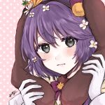  1girl animal_ears bernadetta_von_varley bernadetta_von_varley_(spring) blush brown_hairband close-up fake_animal_ears fire_emblem fire_emblem:_three_houses fire_emblem_heroes flower gloves grey_eyes hair_between_eyes hair_flower hair_ornament hairband highres holding_ear looking_at_viewer misato_hao official_alternate_costume pink_background polka_dot polka_dot_background portrait purple_hair rabbit_ears short_hair signature solo white_gloves 