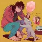  1boy absurdres barefoot black_eyes black_hair black_shirt blue_pants brown_jacket commentary_request cotton_candy dog eating food full_body highres holding holding_food inudori itou_kaiji jacket kaiji long_hair long_sleeves looking_at_animal male_focus medium_bangs multiple_views open_clothes open_jacket open_mouth pants shirt simple_background squatting toenails tongue tongue_out translation_request yellow_background 
