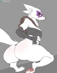  alopex anthro arctic_fox butt canid canine clothed clothing cooliehigh female fox fur hi_res mammal pawpads simple_background solo tail teenage_mutant_ninja_turtles white_body white_fur yellow_eyes 