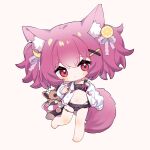  1girl alternate_costume animal_ear_fluff animal_ears arknights barefoot bikini black_bikini blush chibi closed_mouth food-themed_hair_ornament fox_ears fox_girl fox_tail frilled_bikini frills full_body grey_background hair_between_eyes hair_ornament hairclip highres jacket lemon_hair_ornament long_sleeves looking_at_viewer morte_(arknights) navel pink_eyes purple_hair roro_(lolo) shamare_(arknights) short_hair simple_background solo stuffed_wolf swimsuit tail twintails white_jacket x_hair_ornament 