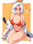  1girl absurdres bikini bra breasts coat double_bun eyeshadow glasses hair_bun hair_ornament hair_stick hair_up highres kneeling large_breasts makeup meme navel opalis purah red-framed_eyewear red_bikini red_bra red_eyeshadow round_eyewear sheikah solo swimsuit the_legend_of_zelda the_legend_of_zelda:_tears_of_the_kingdom thighs twitter_strip_game_(meme) underwear white_coat 