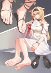  1girl absurdres animal_ears arknights bare_shoulders barefoot blonde_hair blue_eyes capelet feet foot_focus footprints hairband highres horn_(arknights) long_hair mew-plus sandals sandals_removed shoes shoes_removed sitting skirt soles solo sword toenails toes weapon 