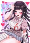  1girl ;d apron bandaged_leg bandages black_eyes black_hair blush breasts character_name collared_shirt danganronpa_(series) danganronpa_2:_goodbye_despair hand_up heart highres large_breasts long_hair miniskirt mozuku_(iiiiiiimomo) one_eye_closed panties pink_shirt pleated_skirt puffy_short_sleeves puffy_sleeves shirt short_sleeves sitting skirt smile solo tsumiki_mikan two-tone_shirt underwear white_apron white_panties white_shirt 