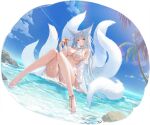 1girl animal_ear_fluff animal_ears anklet azur_lane barefoot bikini blue_eyes breasts cleavage feet fox_ears fox_girl fox_tail highres in_water jewelry kitsune knees_together_feet_apart knees_up kyuubi large_breasts legs long_hair multiple_tails off_shoulder official_alternate_costume official_art palm_tree see-through see-through_sleeves shinano_(azur_lane) shinano_(dreamy_white_sands)_(azur_lane) soaryuna starfish swimsuit tail toes tree untied_bikini water white_bikini white_hair white_tail 