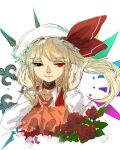  1girl adapted_costume ascot blonde_hair closed_mouth collared_shirt flandre_scarlet flower hat hat_ribbon highres leaf long_hair long_sleeves looking_at_viewer one_side_up pink_ascot red_eyes red_flower red_ribbon red_rose red_vest ribbon rose shirt simple_background solo tlman touhou upper_body vest white_background white_headwear white_shirt 