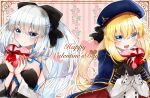  2girls artoria_caster_(fate) artoria_caster_(second_ascension)_(fate) artoria_pendragon_(fate) black_bow black_bowtie black_dress black_gloves blonde_hair blue_cape blue_eyes blue_headwear blush bow bowtie box braid breasts buttons cape closed_eyes commentary_request dress dual_persona english_text fate/grand_order fate_(series) french_braid gloves gold_trim grey_hair hair_bow happy_valentine hat heart heart-shaped_box highres holding holding_box large_breasts long_hair long_sleeves morgan_le_fay_(fate) multiple_girls open_mouth ponytail re_re9315 short_hair sidelocks smile tonelico_(fate) twintails two-tone_dress valentine very_short_hair white_dress 