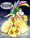  absurd_res anthro big_butt butt butt_focus dialogue hi_res ice koopa koopaling lemmy_koopa male mario_bros nintendo object_between_cheeks scalie sitting_on_ball solo spikes tepigfan101 