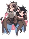  animal_ears black_fur black_hair black_skirt blush breasts brown_eyes brown_gloves brown_hair brown_pantyhose brown_sweater brown_vest cleavage collared_shirt commentary_request desert_warthog_(kemono_friends) elbow_gloves fur_collar giant_forest_hog_(kemono_friends) gloves high_heels highres kemono_friends long_sleeves looking_at_viewer multicolored_hair open_mouth pantyhose pencil_skirt pig_ears pig_girl pig_nose pig_tail pink_hair rinx shirt short_hair sitting skirt smile sweater tail vest white_footwear white_shirt 
