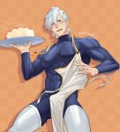  1boy apron bara black_bodysuit blue_eyes blush bodysuit cake candle checkered_background collarbone covered_abs fate/grand_order fate_(series) food hair_between_eyes highres holding holding_cake holding_food large_pectorals looking_at_viewer male_focus muscular muscular_male open_mouth orange_background pectorals percival_(fate) short_hair smile solo thighhighs twitter_username white_apron white_hair white_thighhighs yaekaidou 