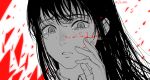  1girl chainsaw_man close-up crying dollllls2 eyelashes greyscale hand_on_own_cheek hand_on_own_face hand_to_own_face highres long_hair mitaka_asa monochrome parted_lips portrait solo spot_color tears twitter_username 