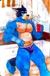  2023 anthro australian_cattle_dog bandit_heeler barazoku beverage biceps big_muscles bluey_(series) bulge canid canine canis cattledog claws clothed clothing coffee coffee_mug daddy_kink dekaku_inu deltoids domestic_dog english_text eyebrows fur herding_dog hi_res holding_beverage holding_mug holding_object inside kitchen male mammal marker_(artwork) morning mug muscular muscular_anthro muscular_male narrowed_eyes navel number pastoral_dog pecs signature solo standing steam text text_on_mug thick_thighs tired topless topless_anthro topless_male traditional_media_(artwork) tuft underwear underwear_only 