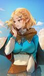  1girl absurdres artist_name blonde_hair blue_sky braid breasts capelet cloud crown_braid foxyreine green_eyes hair_ornament hairclip highres large_breasts long_sleeves parted_bangs parted_lips pointy_ears pouch princess_zelda short_hair signature sky smile solo the_legend_of_zelda the_legend_of_zelda:_tears_of_the_kingdom upper_body 