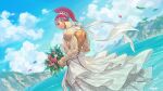  1girl artist_name back backless_dress backless_outfit biceps blue_sky bouquet dress druki green_eyes highres lake marisa_(street_fighter) mountainous_horizon muscular muscular_female official_alternate_costume official_alternate_hairstyle official_art red_hair sky smile solo street_fighter third-party_source wedding_dress white_dress 