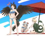  3girls animal_ears antlers bare_arms bare_legs bare_shoulders barefoot bikini bikini_skirt black_bikini black_hair black_wings blonde_hair blue_bikini blush chopsticks clenched_teeth closed_eyes closed_mouth dragon_horns dragon_tail feathered_wings food grey_hair holding holding_chopsticks horns horse_ears horse_tail kicchou_yachie kurokoma_saki long_hair multiple_girls navel open_mouth parasol pegasus_wings pointy_ears red_eyes red_horns sharp_teeth sheep_horns short_hair slav_squatting smile squatting swimsuit tail teeth touhou toutetsu_yuuma turtle_shell umbrella wings yellow_horns yudepii 