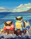  blush_stickers cloud grin highres kirby kirby_(series) miclot no_humans ocean open_mouth outdoors pink_footwear pokemon pokemon_(creature) rock shoes smile sparkle squirtle squirtle_squad standing sunglasses triangular_eyewear turtle water 