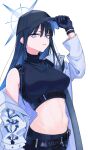  1girl ayatama bare_shoulders baseball_cap belt black_belt black_gloves black_hair black_headwear black_pants black_shirt blue_archive blue_eyes breasts chest_harness coat commentary_request cowboy_shot crop_top gloves groin halo hand_up harness hat long_hair looking_at_viewer medium_breasts midriff navel no_mask off_shoulder pants parted_lips partial_commentary saori_(blue_archive) shirt simple_background sleeveless sleeveless_shirt snap-fit_buckle solo standing underbust white_background white_coat 