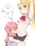  2girls ahoge arm_behind_head armpits bare_arms black_skirt blush bocchi_the_rock! bow bowtie breasts closed_mouth commentary_request crop_top gotoh_hitori highres hug ijichi_nijika kissing_stomach multiple_girls navel pink_hair pleated_skirt red_bow red_eyes shirt simple_background sketch skirt small_breasts stomach thought_bubble ukitaryu waist_hug white_background white_shirt yuri 