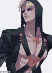  1boy abs artist_name bare_pectorals black_jacket black_sclera closed_mouth colored_sclera firepok grey_hair highres jacket jojo_no_kimyou_na_bouken lips long_sleeves looking_to_the_side male_focus open_clothes open_jacket pectorals red_eyes risotto_nero short_hair simple_background solo upper_body vento_aureo white_background 
