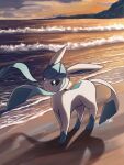  animal_focus bright_pupils closed_mouth cloud commentary_request frown glaceon highres kuchiba_(jret2454) looking_up no_humans outdoors pokemon pokemon_(creature) sand shore signature sky solo standing twilight water white_pupils 