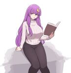  1girl absurdres blunt_bangs book crescent crescent_hair_ornament hair_ornament highres long_hair looking_at_viewer mata_(matasoup) pants patchouli_knowledge purple_eyes purple_hair sidelocks simple_background solo sweater touhou turtleneck turtleneck_sweater very_long_hair white_background 
