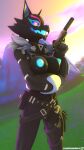  3d_(artwork) absurd_res anthro barely_visible_genitalia barely_visible_pussy black_body black_fur blue_nipples bottomless breast_squish breasts canid canine canis clothed clothing digital_media_(artwork) elisasharky_(artist) epic_games female fortnite fur genitals glowing glowing_eyes glowing_genitalia glowing_pussy gun handgun hi_res holding_object holding_weapon looking_at_viewer mammal nipples nude outdoor_nudity pack_leader_highwire pistol pussy ranged_weapon solo source_filmmaker squish weapon wolf 