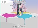  1girl alternate_costume arms_at_sides asymmetrical_legwear belt black_thighhighs blurry blurry_background cmyk commentary_request cylinder garter_straps grey_shorts grey_sleeves heel_up ia_(vocaloid) kneehighs long_hair lower_body nounai_disco_(vocaloid) paint_splatter pink_hair reflective_floor sakuya_(7uu61) second-party_source shoes shorts single_kneehigh single_leg_warmer single_sock single_thighhigh sleeves_past_wrists sneakers socks solo song_name standing thigh_strap thighhighs timestamp translation_request uneven_legwear very_long_hair vocaloid 