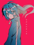  1girl ahoge bandage_on_face bandages blue_eyes blue_hair blue_jacket closed_mouth ene_(kagerou_project) eyelashes hair_between_eyes headphones highres jacket kagerou_project limited_palette long_hair menma_(enaic31) red_background smile solo symbol_in_eye track_jacket translation_request twitter_username upper_body zipper_pull_tab 