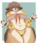  2021 5_fingers absurd_res anthro big_breasts bikini bikini_pull biped breasts brown_hair camel_toe canid canine canis clothing clothing_pull domestic_dog female fingers front_view fur hair hair_over_eyes hi_res lavenderpandy low-angle_view mammal navel nipple_outline open_mouth open_smile poodle rubis_(monstercatpbb) smile solo swimwear swimwear_pull yellow_bikini yellow_clothing yellow_swimwear 