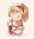  1girl 2017 ^_^ artist_name blonde_hair bow breasts cleavage closed_eyes collarbone dated djeeta_(granblue_fantasy) granblue_fantasy grin hairband hanosuke medium_breasts medium_hair pink_bow red_hairband shirt short_sleeves smile solo upper_body white_shirt 