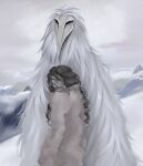  ambiguous_gender anthro avian beak brown_hair clothing cloud cryptid duo erosion_bird feathers female hair hi_res human long_hair mammal mountain nymphgem size_difference smaller_female snow white_body white_feathers wind 