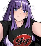  1girl alternate_costume altina_(fire_emblem) black_shirt blue_eyes breasts collarbone contemporary english_commentary fire_emblem fire_emblem:_radiant_dawn fire_emblem_heroes foo_fighters_(band) heart highres large_breasts long_hair looking_at_viewer pov purple_hair shirt short_sleeves simple_background smile solo t-shirt tavi_(hosheezus) very_long_hair white_background 