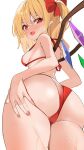 1girl ass bikini blonde_hair blush bow breasts commentary_request cowboy_shot crystal flandre_scarlet hair_bow hand_on_own_ass highres kamukamu_(ars) looking_at_viewer looking_back medium_breasts medium_hair open_mouth pointy_ears red_bikini red_bow red_eyes simple_background solo swimsuit touhou variant_set white_background wings 