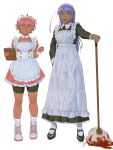  2girls absurdres ahoge apron bike_shorts black_dress black_footwear blood clipboard collared_shirt dark_skin dress frills hair_between_eyes highres holding holding_clipboard huge_ahoge long_dress long_hair long_sleeves looking_at_viewer maid maid_apron maid_headdress mary_janes mop multiple_girls original pink_dress pink_hair red_eyes shirt shoes short_hair short_sleeves smile sneakers socks standing strawberryjamm teeth tongue tongue_out white_background white_socks yellow_eyes 