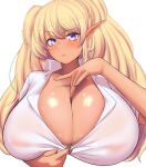 1girl blonde_hair blush breasts cleavage dark-skinned_female dark_elven_forest_ranger dark_skin elf huge_breasts last_origin long_hair long_pointy_ears partially_unbuttoned pointy_ears purple_eyes raised_eyebrow see-through see-through_shirt shirt short_twintails simple_background solo todoshiroh twintails upper_body white_background white_shirt 