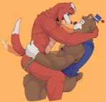  2023 abs anthro bear brown_body butt canid canine clothing clown_makeup digital_media_(artwork) duo eye_contact five_nights_at_freddy&#039;s five_nights_at_freddy&#039;s:_security_breach fox foxy_(fnaf) freddy_(fnaf) fur half-closed_eyes hat headgear headwear hi_res holding_partner intimate jockstrap looking_at_another male male/male mammal mr_sharky muscular muscular_anthro muscular_male narrowed_eyes nipples on_lap orange_background pecs red_body red_nose scottgames short_tail side_view simple_background sitting sitting_on_lap steel_wool_studios tail tail_motion tailwag topwear underwear vest 