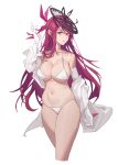  1girl absurdres bikini breasts cleavage collarbone cropped_legs fascinator fire_emblem fire_emblem_engage gloves hair_ornament hand_up highres ivy_(fire_emblem) large_breasts long_hair looking_at_viewer meng_qian_guang navel open_mouth purple_eyes purple_hair solo spiked swimsuit white_background white_bikini white_gloves 