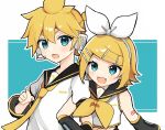  1boy 1girl :d akikan_sabago aqua_eyes bare_shoulders bass_clef blonde_hair bow brother_and_sister commentary crop_top detached_sleeves fang hair_bow hair_ornament hairclip headphones headset highres kagamine_len kagamine_rin locked_arms midriff navel neckerchief necktie open_mouth page_number sailor_collar shirt short_hair short_ponytail shorts shoulder_tattoo siblings sleeveless sleeveless_shirt smile sweatdrop swept_bangs tattoo treble_clef twins vocaloid white_bow yellow_nails yellow_neckerchief yellow_necktie 