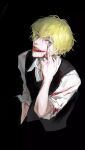  1boy blonde_hair blood blood_on_clothes blood_on_face collared_shirt daniel_(i_became_a_god_in_a_horror_game) green_eyes highres i_became_a_god_in_a_horror_game long_sleeves looking_at_viewer male_focus middle_finger shirt short_hair solo tongue tongue_out 
